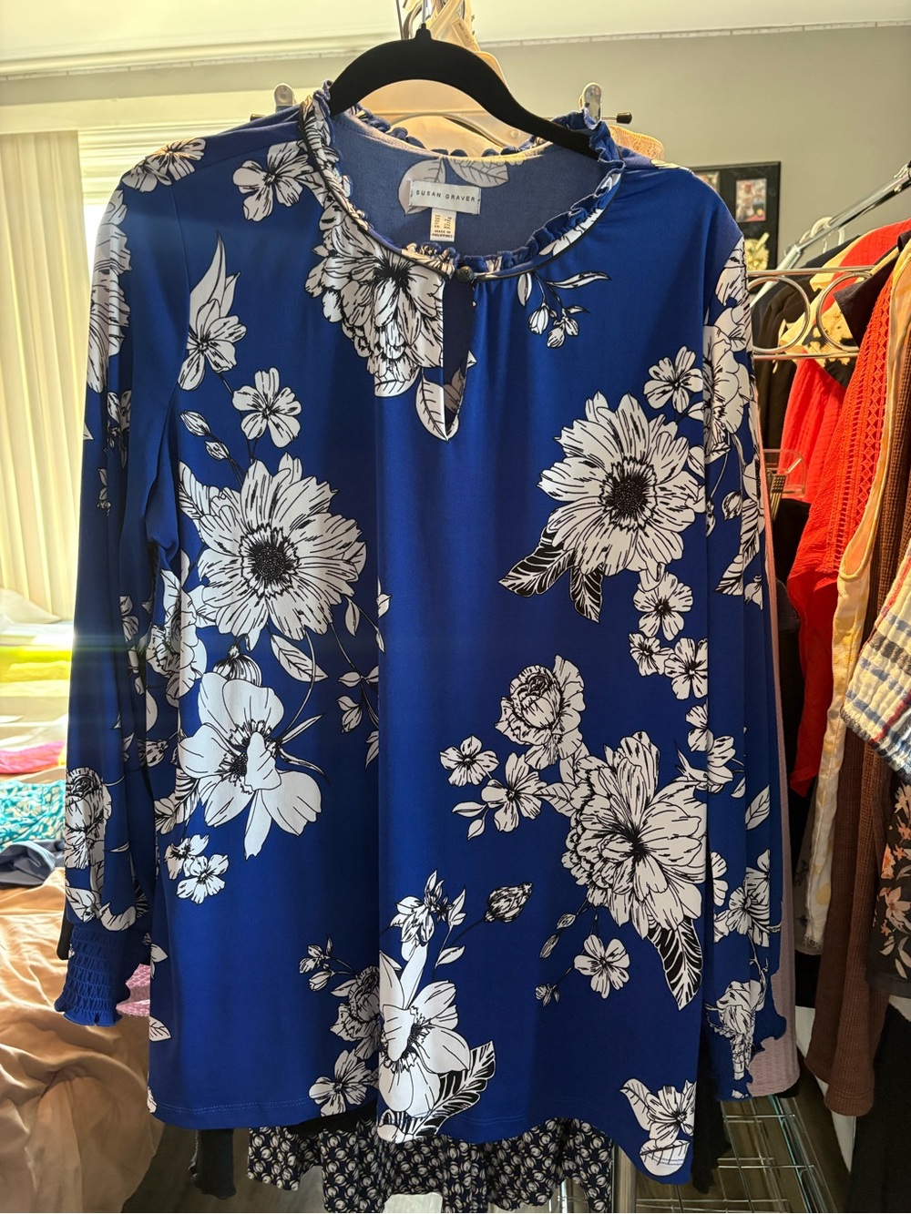 Susan Graver 1X Royal Blue White Floral Keyhole Tunic Blouse